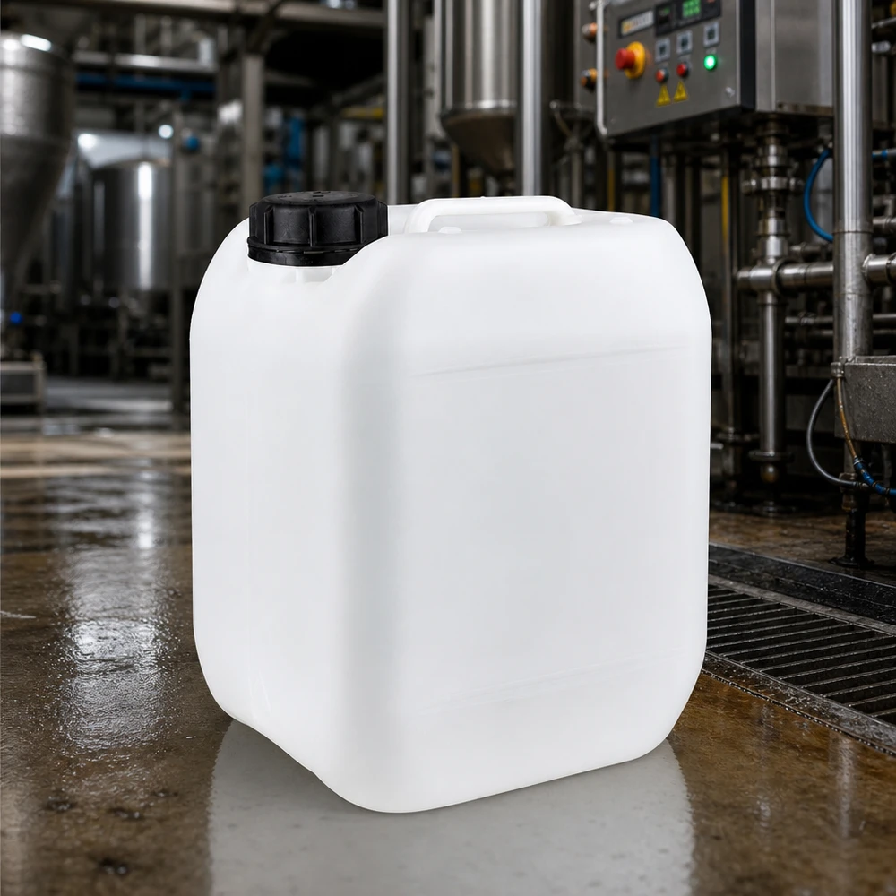 Tom, genomskinlig 5-liters industrikanister med svart lock i produktionshallen