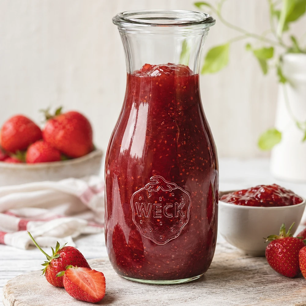 530 ml juiceflaska WECK RR60 530 ml WECK juiceflaska RR60 fylld med jordgubbssylt bredvid skivade jordgubbar och vit skål