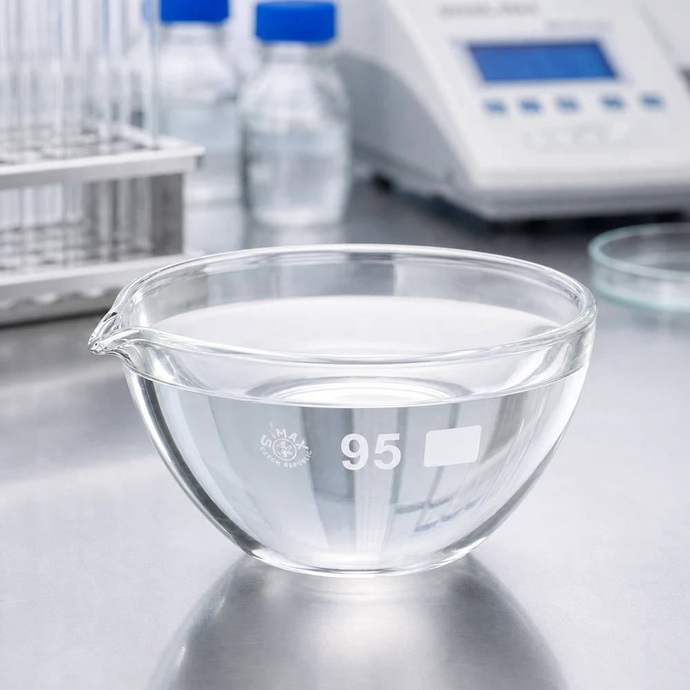 170ml indunstningsskål med pip av borosilikat ø95mm Avdunstningsskål i transparent laboratorieglas 170 ml med pip för optimal visuell kontroll under avdunstning