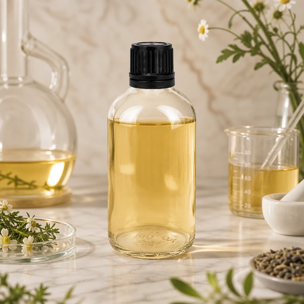 Cylindrisk 100 ml-flaska i klart glas med svart skruvlock, fylld med gulaktig olja på marmor