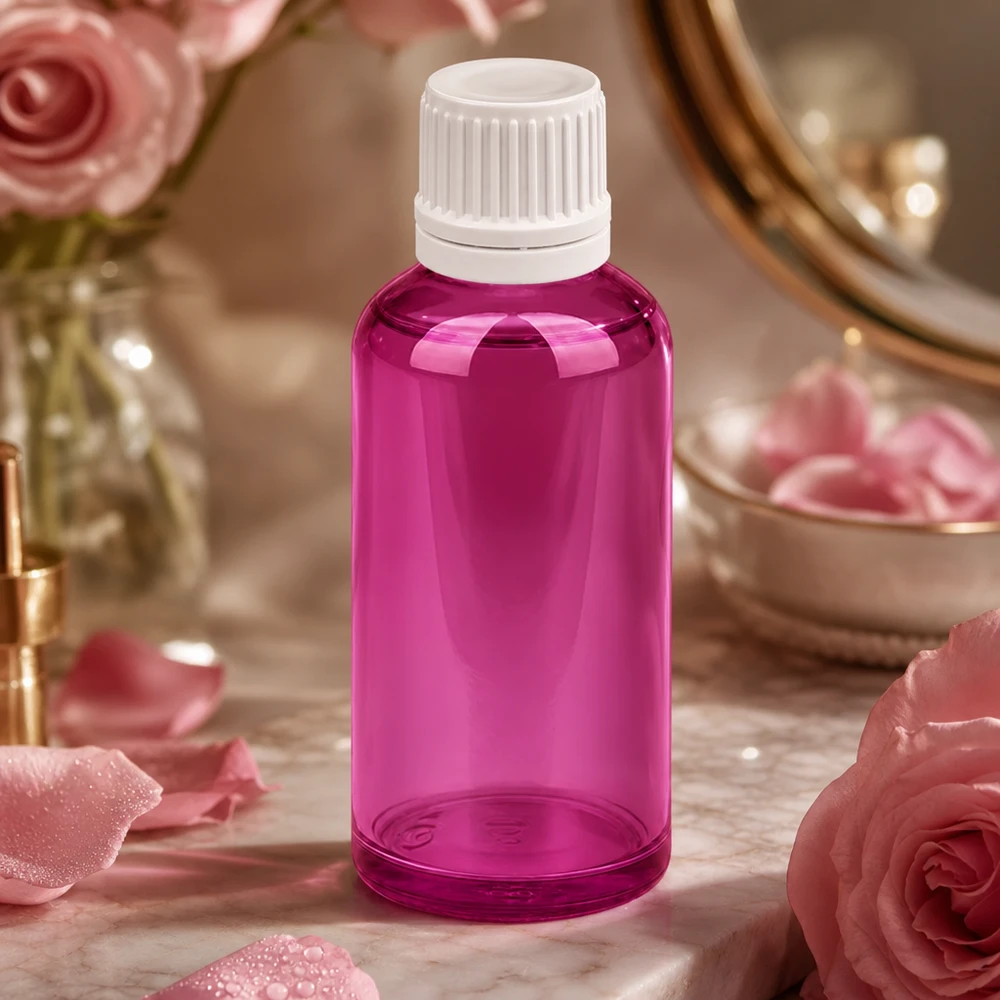50ml droppflaska 0,7mm vit Originality skruvkork PurpleLine UT18/50 50 ml PurpleLine droppflaska med vitt OV-lock för kosmetiska applikationer