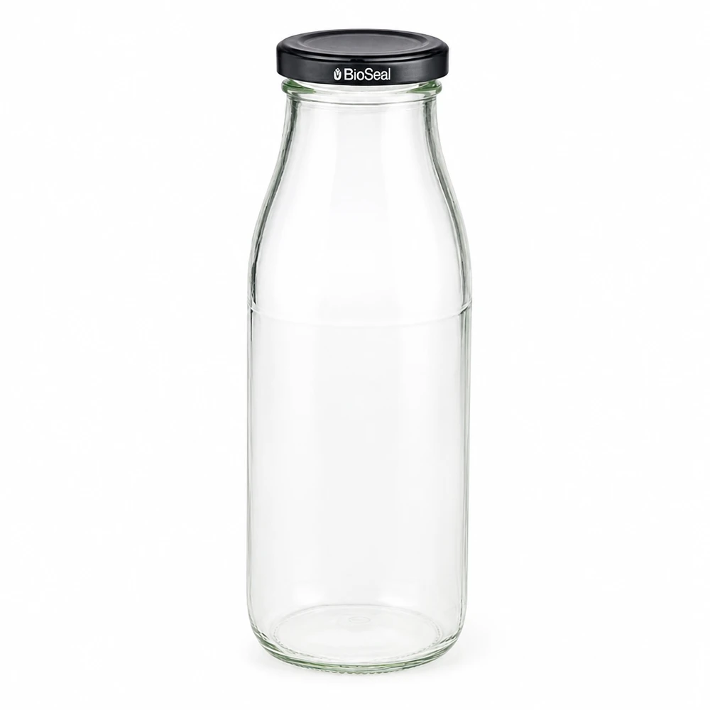 500 ml glasflaska + BioSeal-lock svart UNiTWIST 500 ml glasflaska med svart BioSeal-lock, tom och transparent för dryck och förvaring