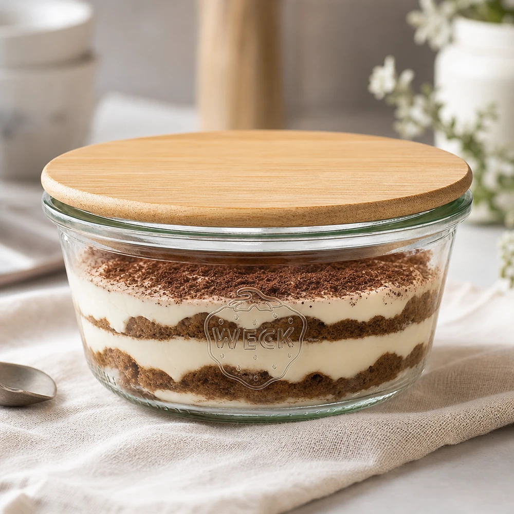 290ml låg Krossade glasögon WECK RR100 med trälock WECK glas 290ml RR100 fyllda med tiramisu och lock av bambuträ, dessertburk i elegant köksmiljö