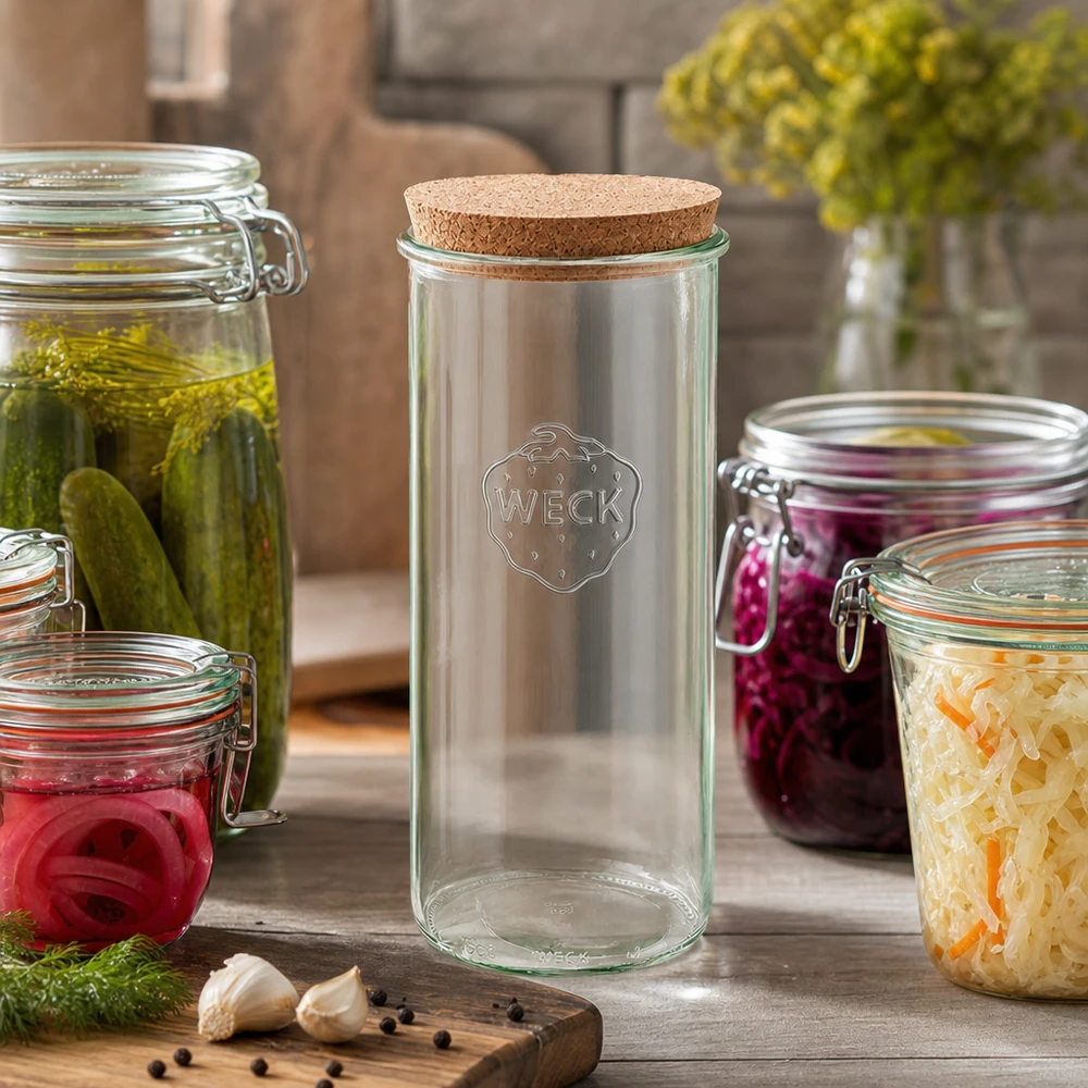1500ml Krossade glasögon WECK RR100 med naturkork WECK Masonburk 1500ml RR100 Köksscen med inlagda gurkor surkål rödlök Korklock Konservering