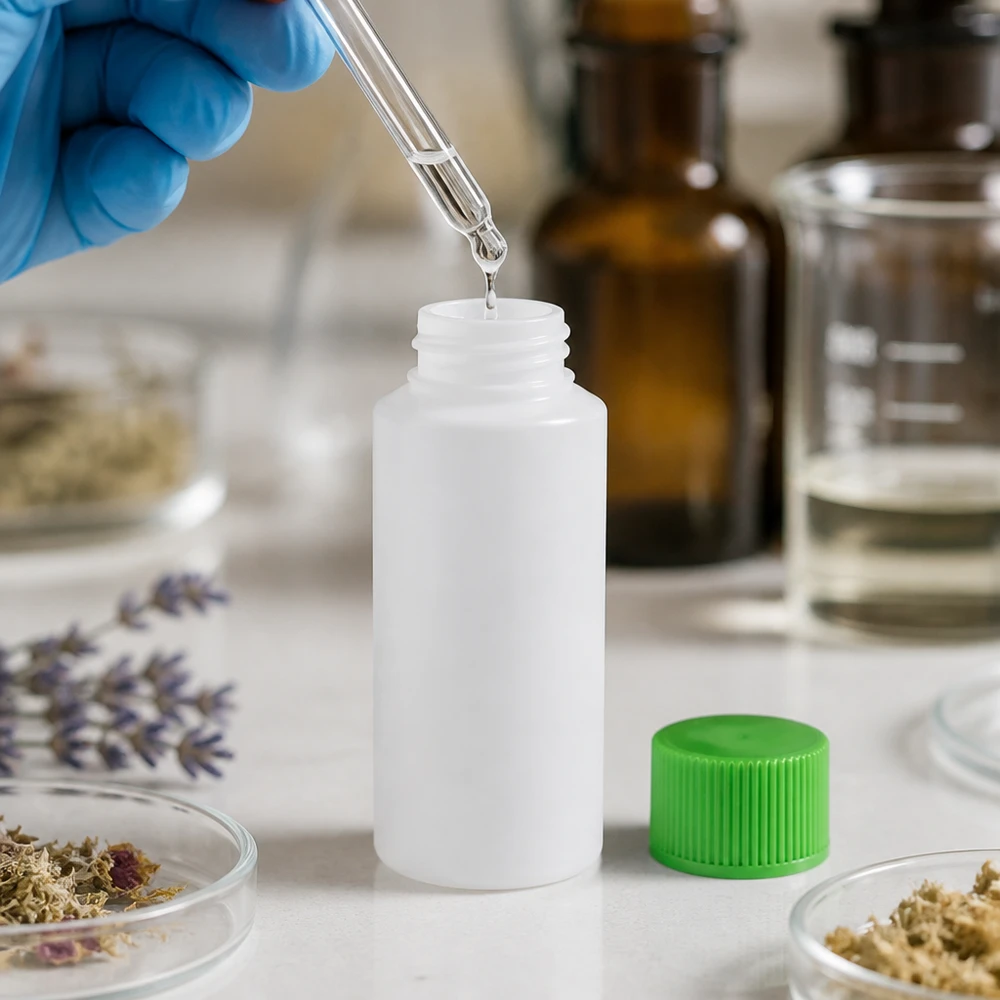 Apoteksflaska HDPE 30ml vit, med grönt skruvlock Laboratorieteknikern fyller en vit 30 ml HDPE-apotekflaska med grönt skruvlock med hjälp av en pipett