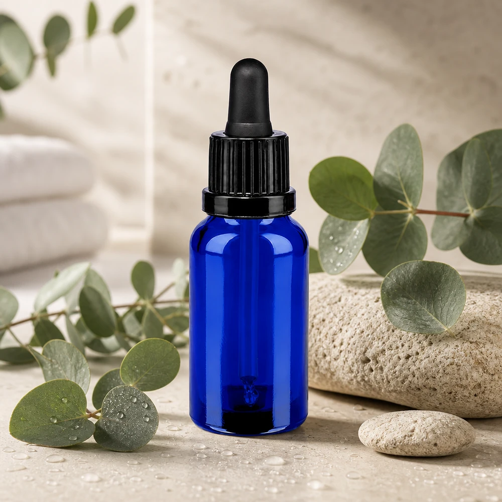 Svart pipett OV med 20 ml blå glasflaska - perfekt för aromaterapi och naturkosmetik