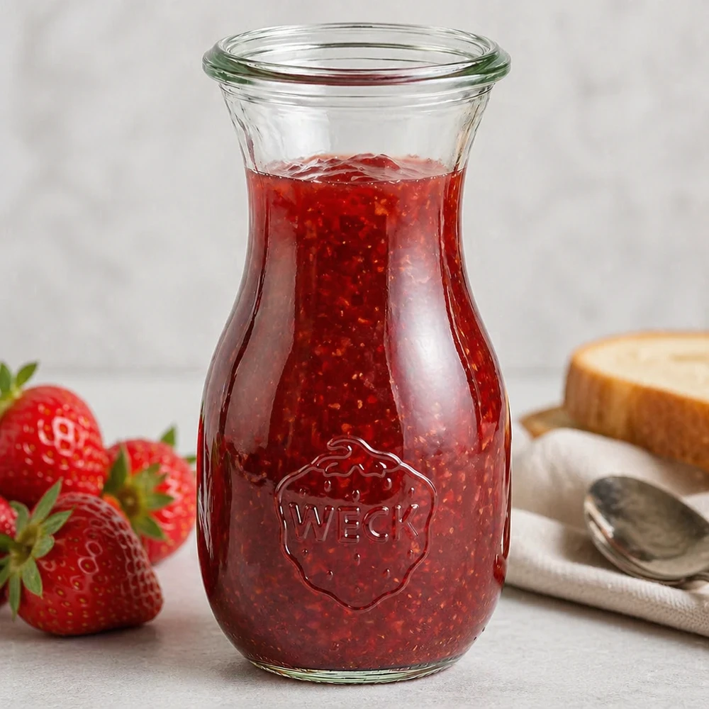 290 ml juiceflaska WECK RR60 Fylld WECK juiceflaska 290ml RR60 med röd jordgubbssylt och synlig företagslogotyp på vit yta