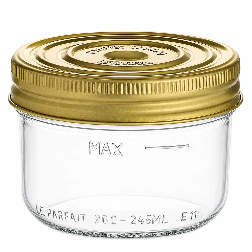 Le Parfait® Familia Wiss 200 g Ø82 mm burk 245 ml Familia Wiss murarburk med skruvlock i guld och markering för maximal fyllnadsnivå för konservering och konservering