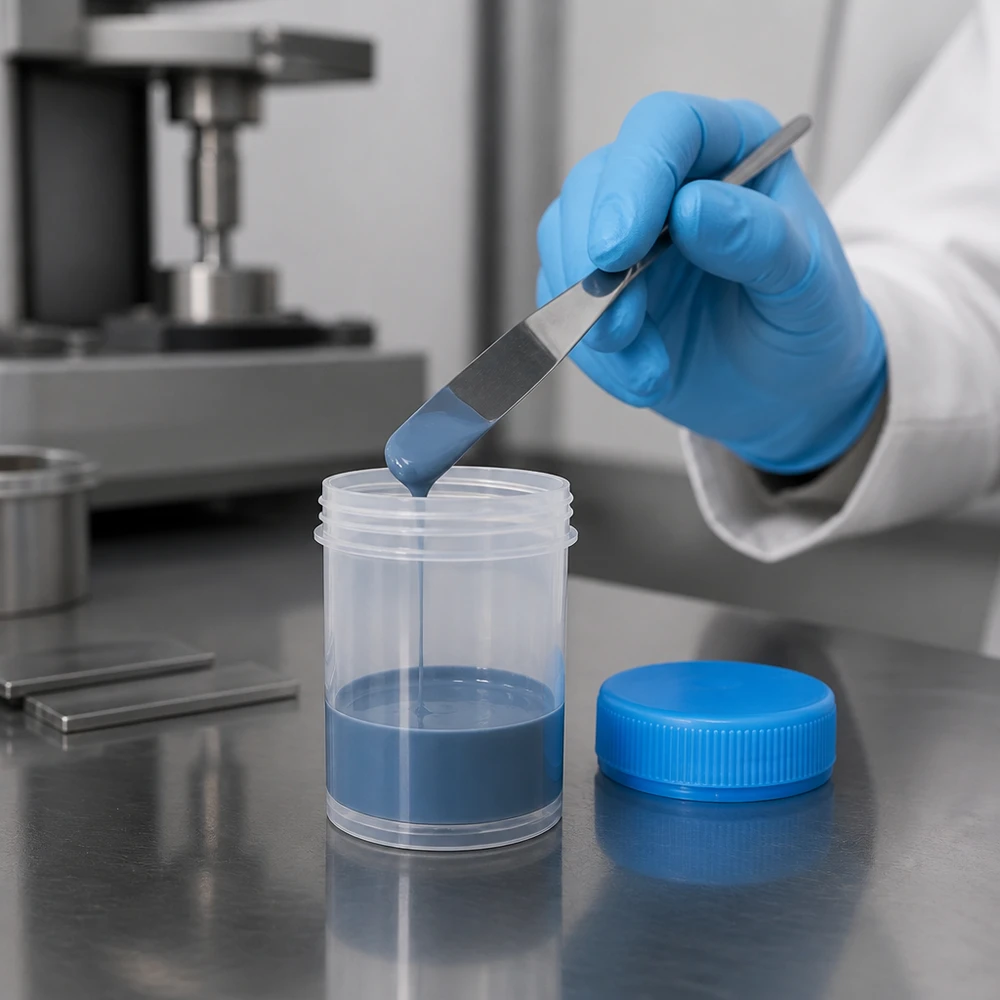 En laboratorieassistent med blå handskar fyller en 35 ml plastburk med blå skruvlock