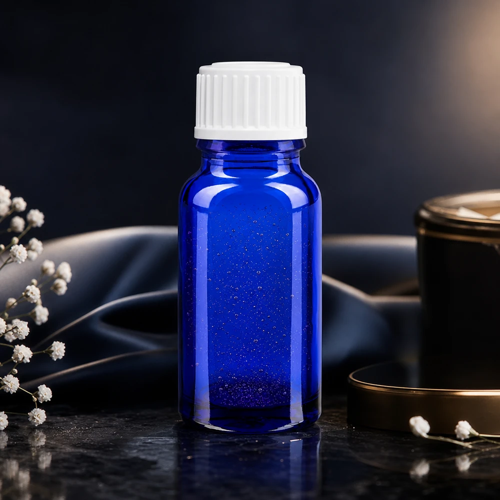 Apoteksflaska blå 10ml skruvkork vita globules standard Blå 10 ml Glo-flaska med 3 mm öppning och vit ApoGlas-standardkork