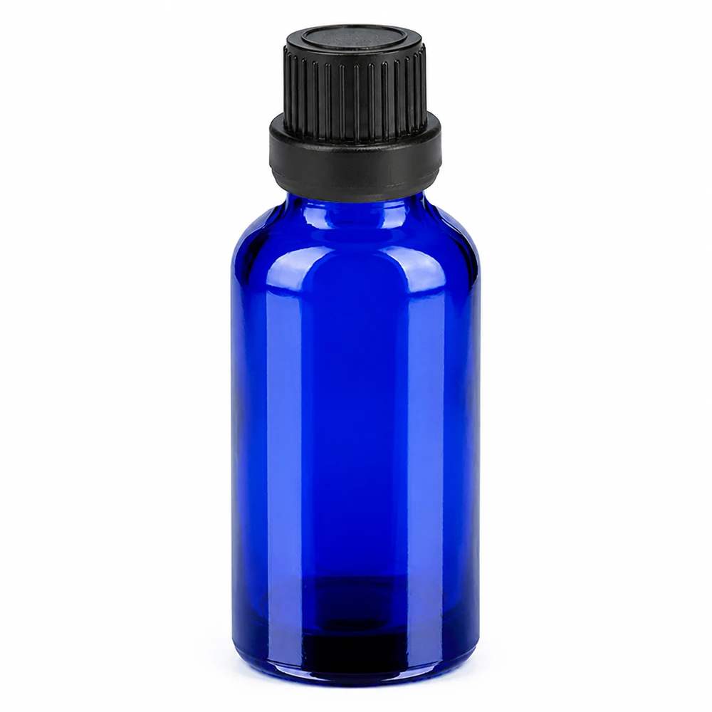30 ml blå glasflaska med svart lock för eteriska oljor och kosmetika