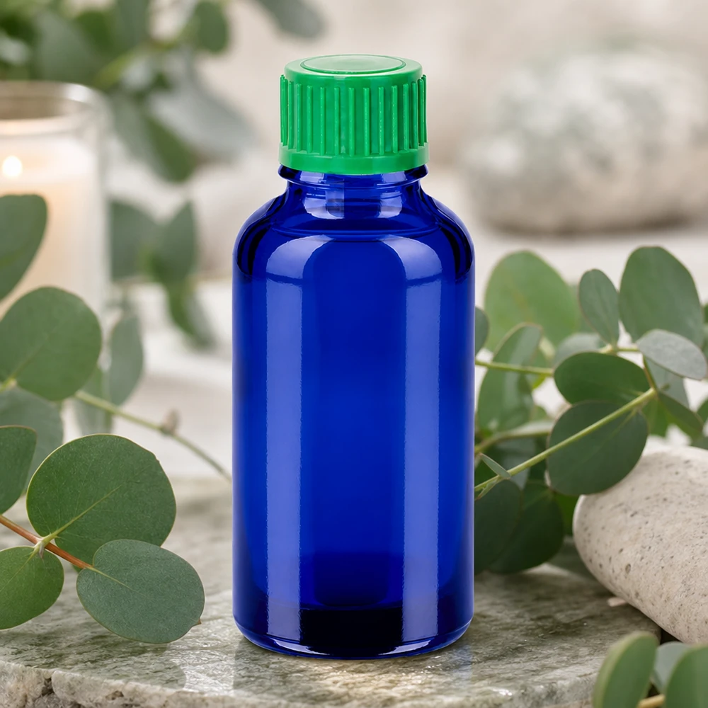 Högkvalitativ 30 ml glasflaska i elegant blå färg med praktisk grön skruvkork