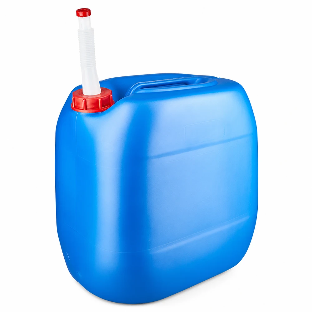 Dunk 30 liter blå med utloppsrör Flex Blå 30-litersdunk med rött skruvlock och flexibel vit utloppsslang