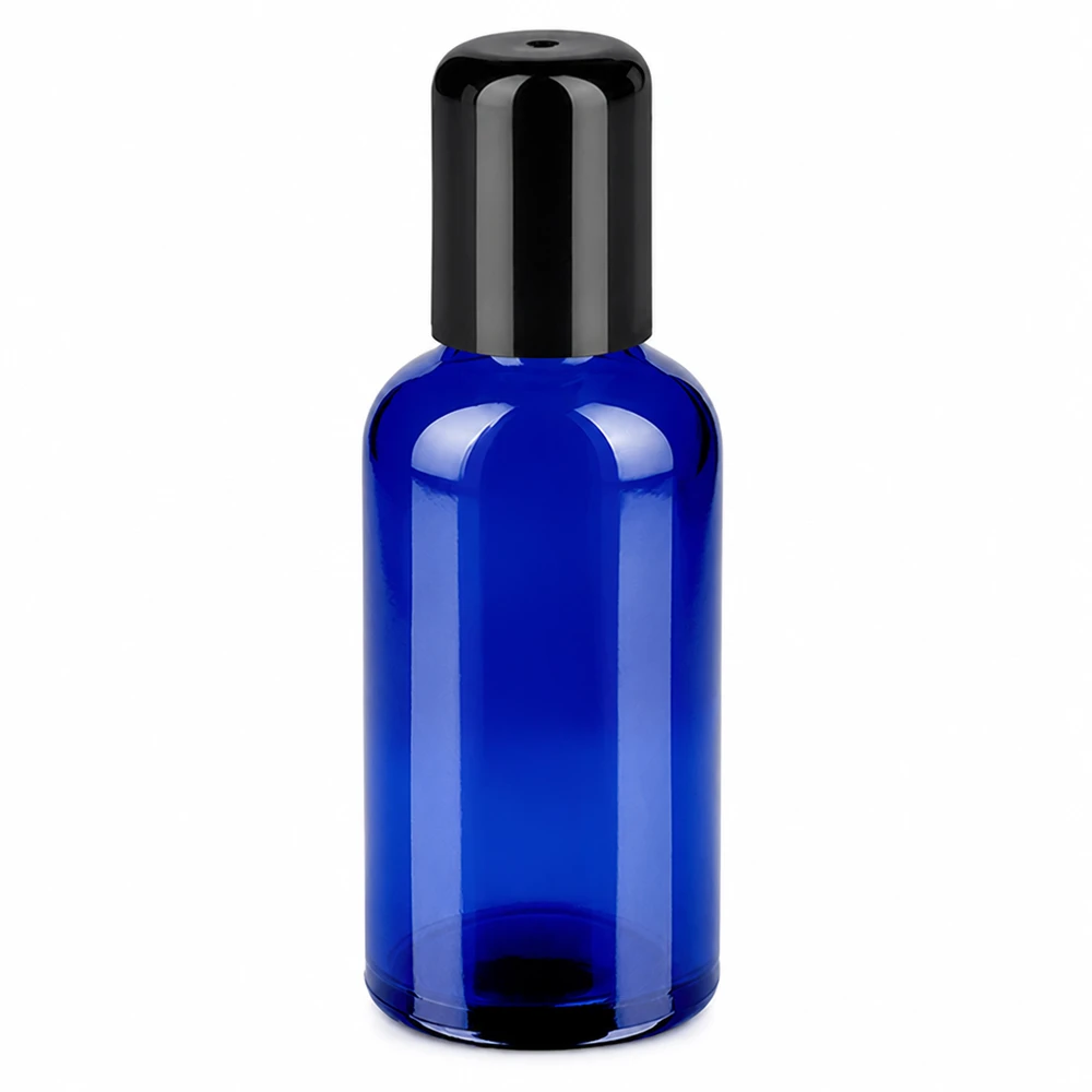 50ml roll-on flaska svart standardlock BlueLine UT18/50 50ml roll-on flaska svart STD BlueLine UT18/50 blått glas med svart lock