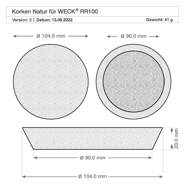 Kork för 94 mm öppning WECK RR100 (ø90/104, H=20 mm) Teknisk ritning WECK RR100 korkpropp med mått 104mm 90mm diameter 20mm höjd vikt 41g naturkork