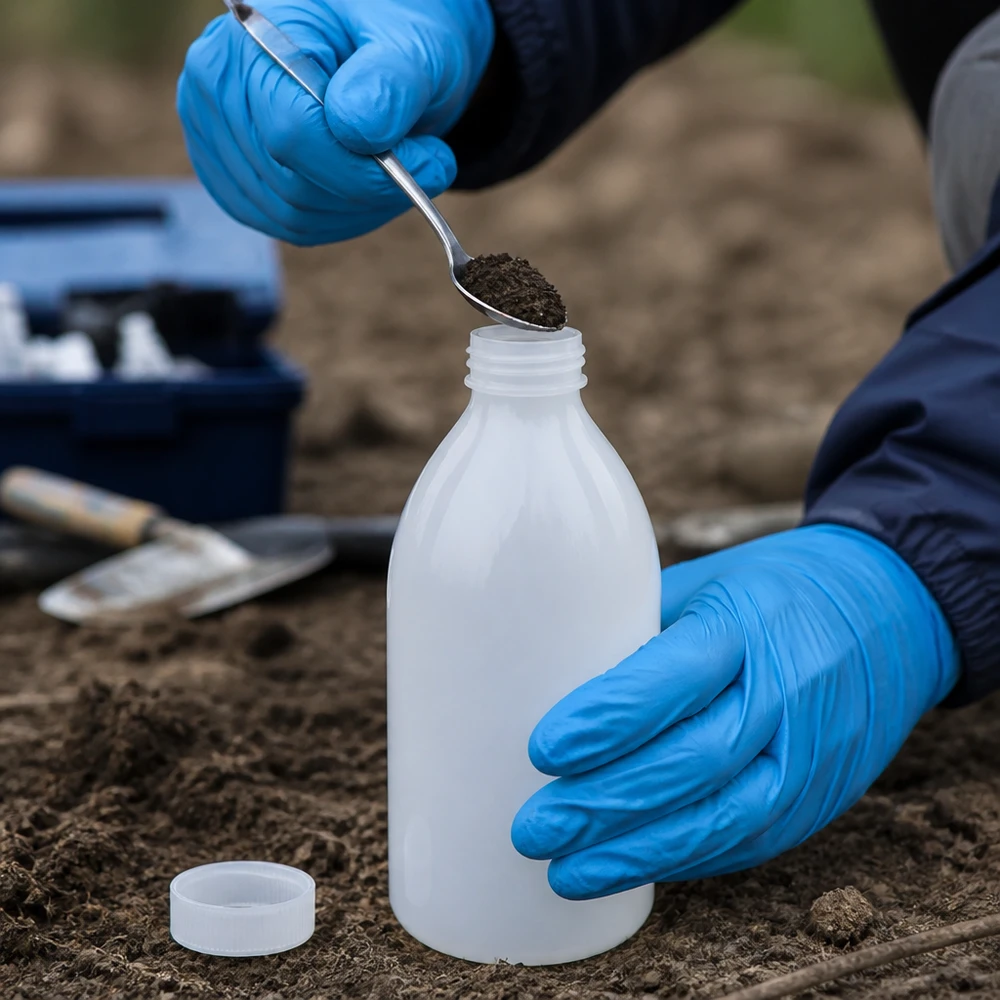Wissenschaftler entnimmt Erdprobe in 500ml Laborflasche mit engem Hals im Freien