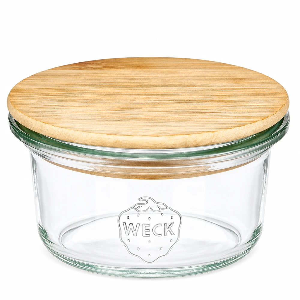 50ml mini Krossade glasögon WECK RR60 med trälock 50 ml minitumlare WECK RR60 med runt trälock av bambu, transparent burk med WECK-logotyp