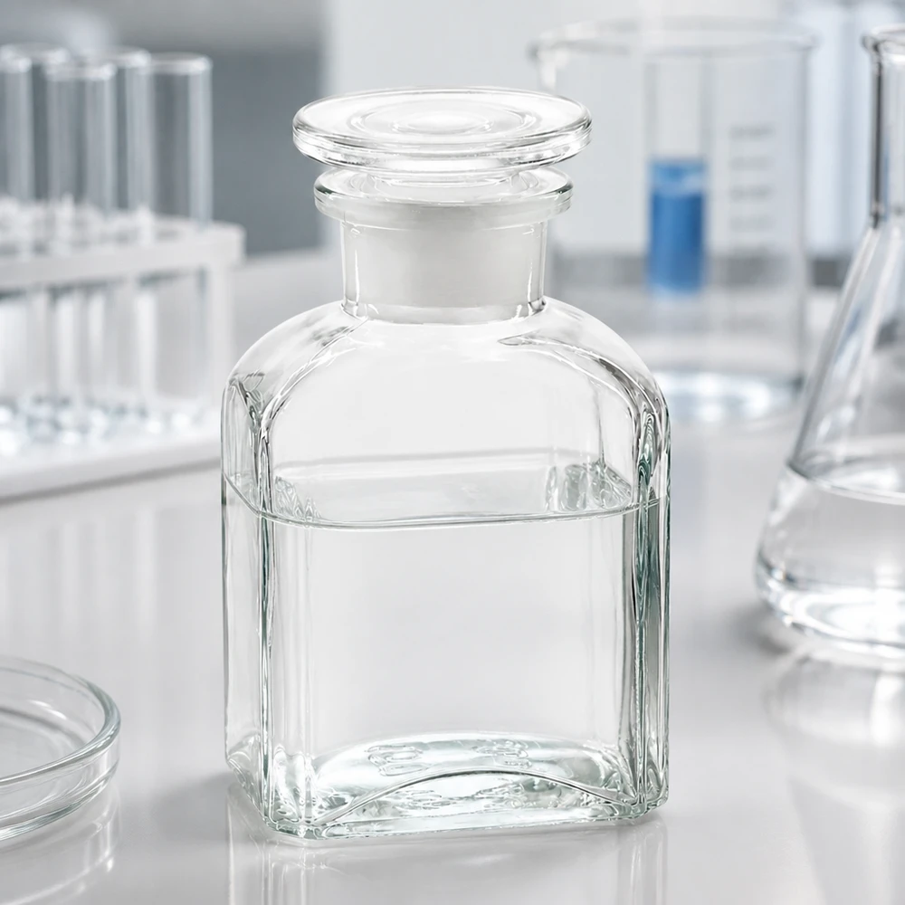 Laboratorieflaska på 150 ml av klart glas med vid hals och rund glaspropp