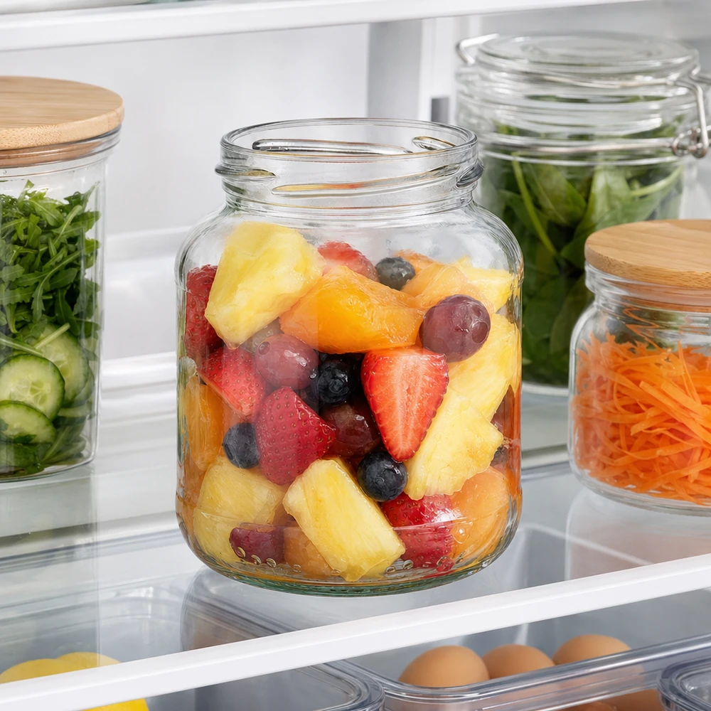 UNiTWIST Oval370 konserveringsburk 370ml med fruktsallad i kylen tillsammans med andra förvaringsburkar med grönsaker