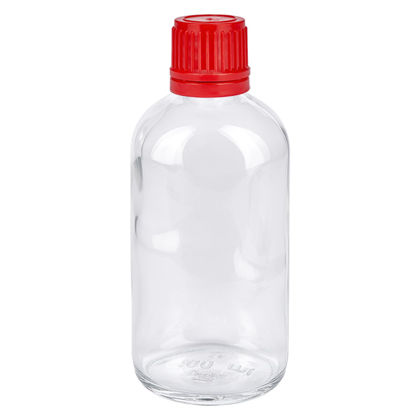 100ml flaska 11mm skruvkork röd med sabotageskydd ClearLine UT18/100 Genomskinlig glasflaska på 100 ml med rött skruvlock och ClearLine-försegling