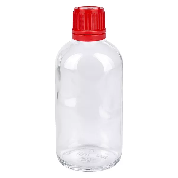 100ml flaska 11mm skruvkork röd med sabotageskydd ClearLine UT18/100 Genomskinlig glasflaska på 100 ml med rött skruvlock och ClearLine-försegling