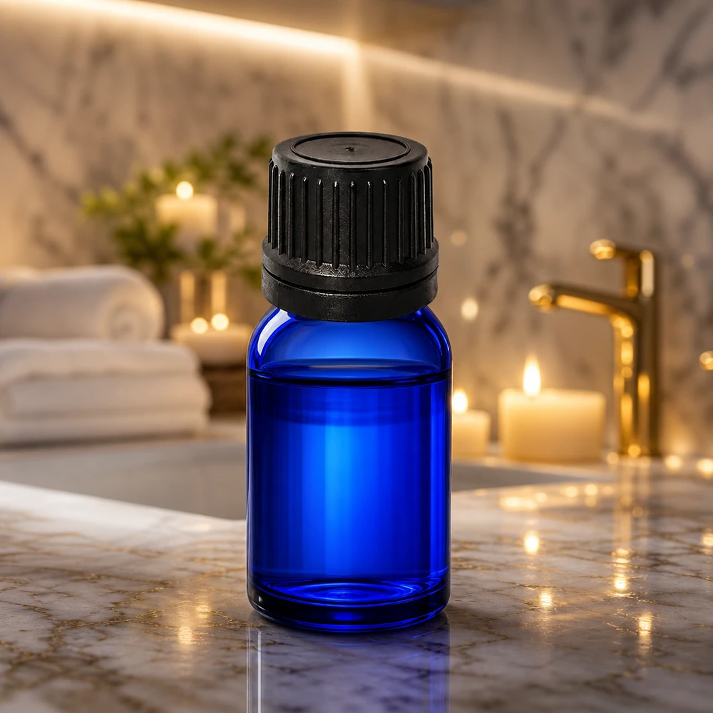5ml Droppflaska 1mm svart med säkerhetsförslutning BlueLine UT18/5 5 ml blå glasflaska med 1 mm öppning för droppnoggrann applicering i badrum och spa