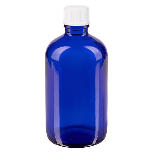 Apoteksflaska blå 100ml skruvkork vit globules standard Apoteksflaska blå 100ml skruvkork vit globules standard
