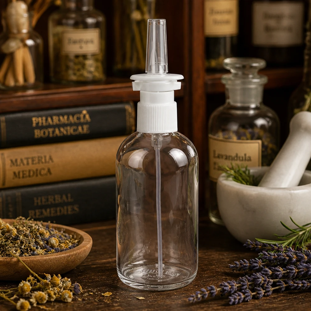 100 ml ClearLine-nässprayflaska med vit pump framför botaniska örtböcker