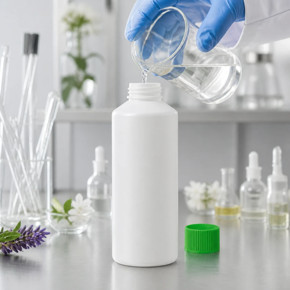 Apoteksflaska HDPE 100ml vit, med grönt skruvlock Rund HDPE-flaska, 100 ml, vit med grönt lock, vid påfyllning av klar vätska