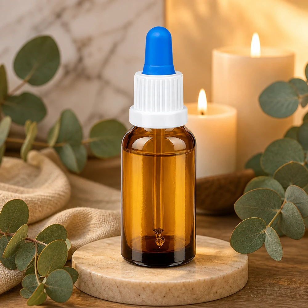 Högkvalitativ 20 ml pipettflaska i elegant bärnstensfärgat glas med ergonomiskt vitt dropplock