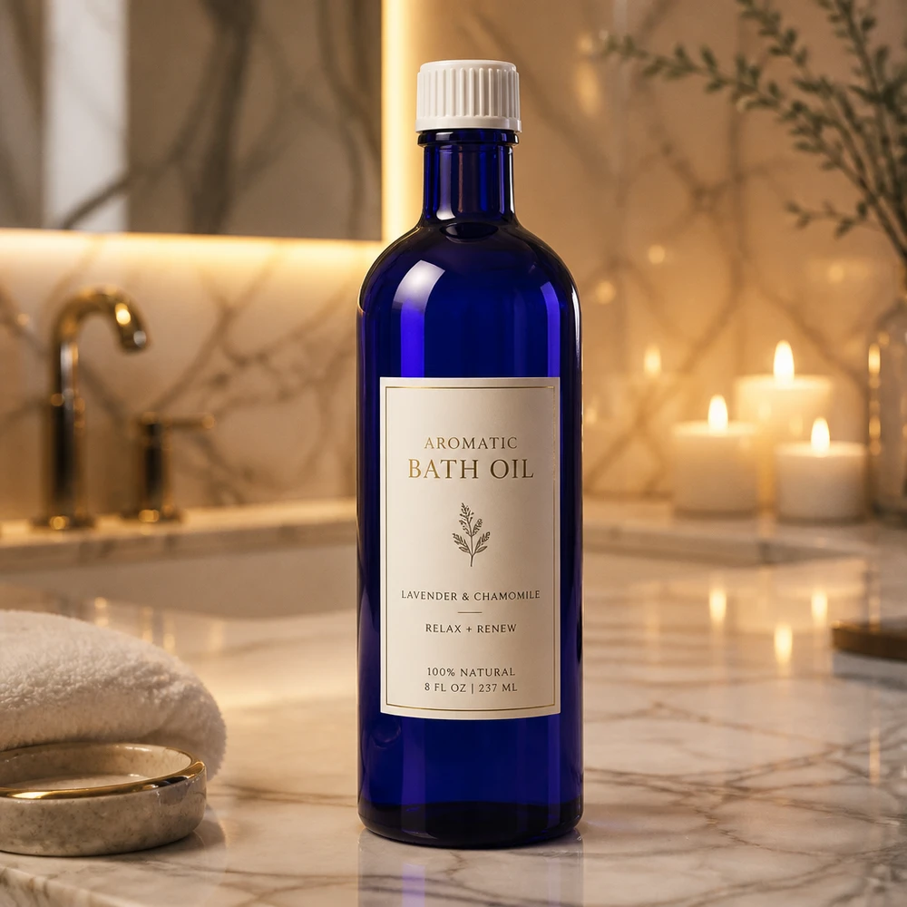 Apoteksflaska blå 200ml skruvkork vit standard Blå apoteksflaska 200 ml badsalt, aromolja, lavendel, kamomill, naturlig badolja