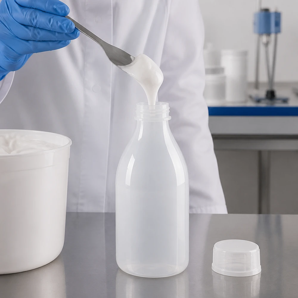 Den krämiga vita massan fylls med en metallspatel i en genomskinlig 100 ml-skruvflaska