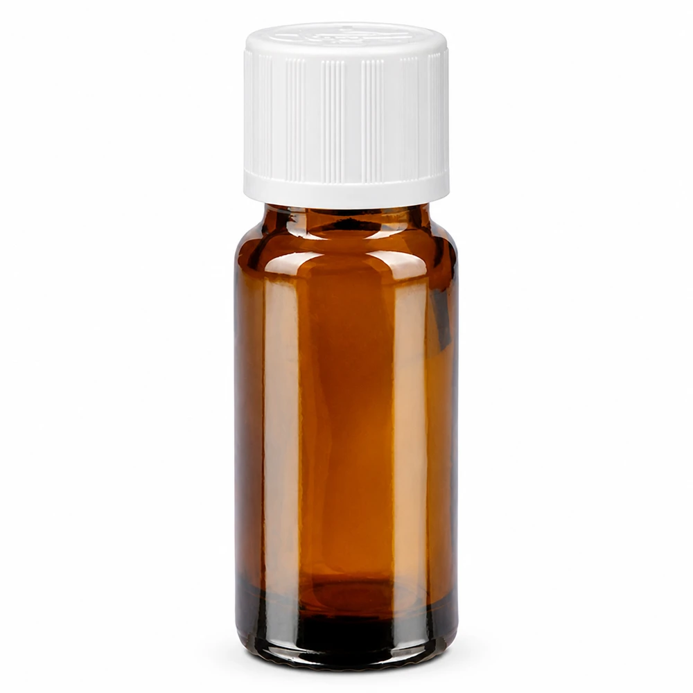 Apoteksflaska brun 10ml skruvkork vit barnsäker standard 10 ml brun apoteksflaska i glas med vitt barnsäkert lock, 11 mm