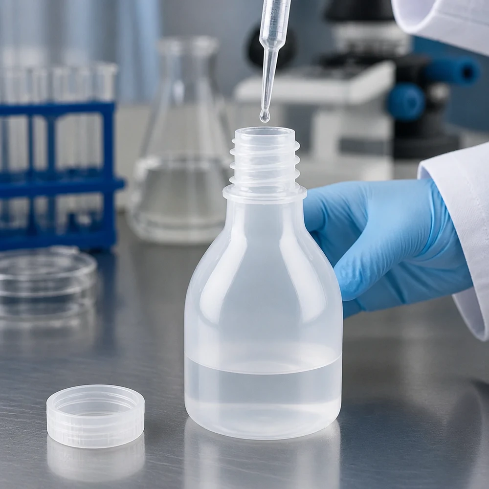 20ml laboratorieflaska med smal hals utan lock 20 ml laboratorieflaska av PE med smal hals, utan lock och med pipett, vid påfyllning i laboratoriet