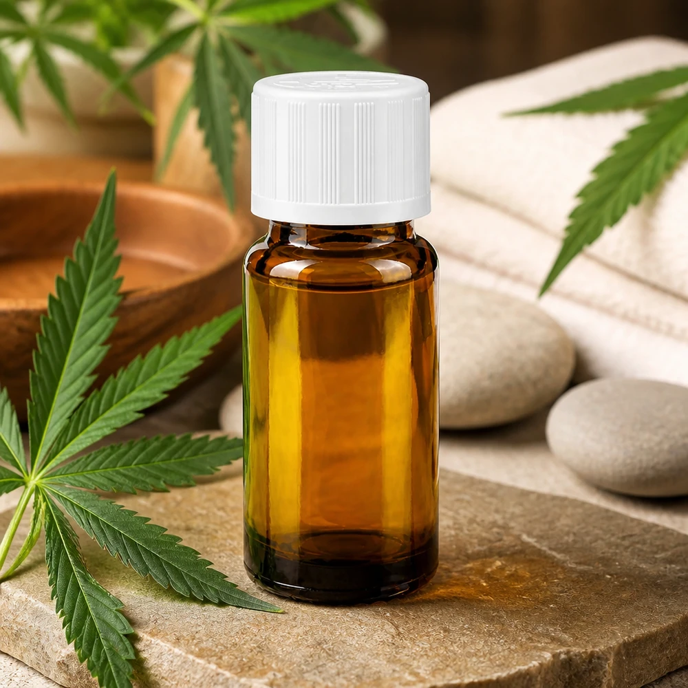 Apoteksflaska brun 10ml dropplock vit barnsäker standard Brun 10 ml CBD-oljeflaska med vitt KiSi-lock och droppinsats bredvid cannabisblad