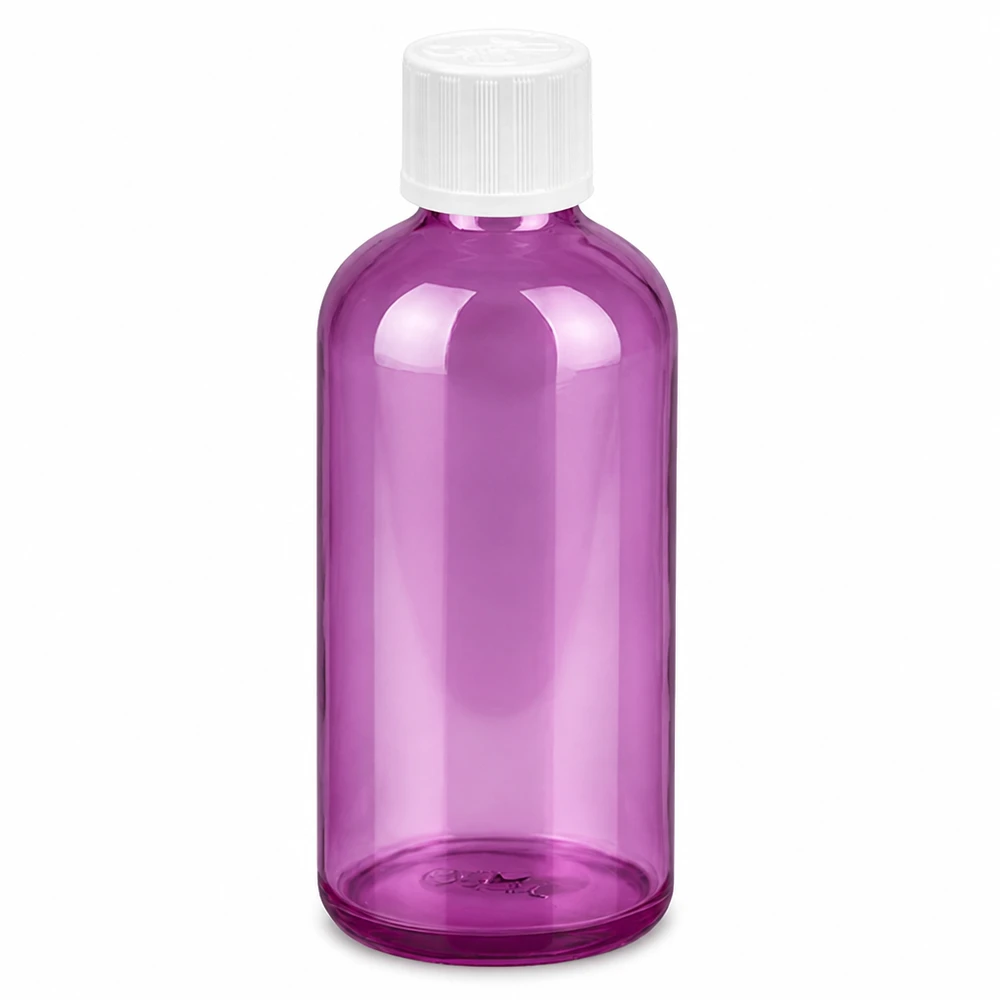 100 ml droppflaska 1,2 mm vit standard barnsäker PurpleLine. UT18/100 100ml droppflaska i plast i lila transparent med vitt skruvlock