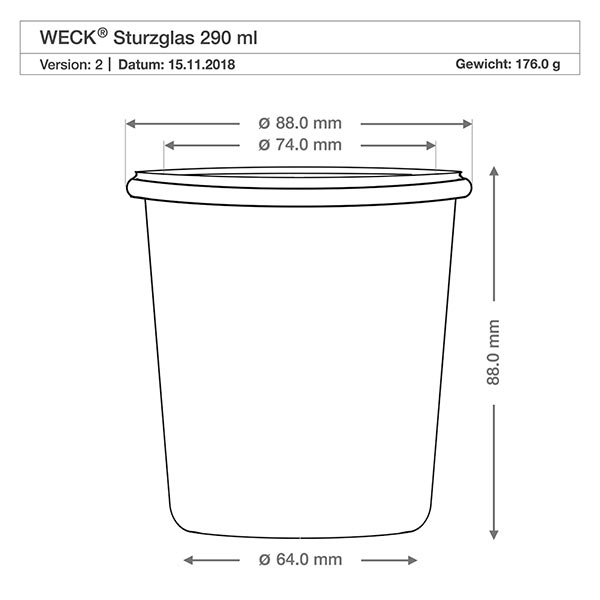 290 ml högt burkglas WECK RR80 Teknisk ritning WECK dricksglas 290ml RR80 med måtten Diameter 88mm Höjd 88mm Vikt 176g