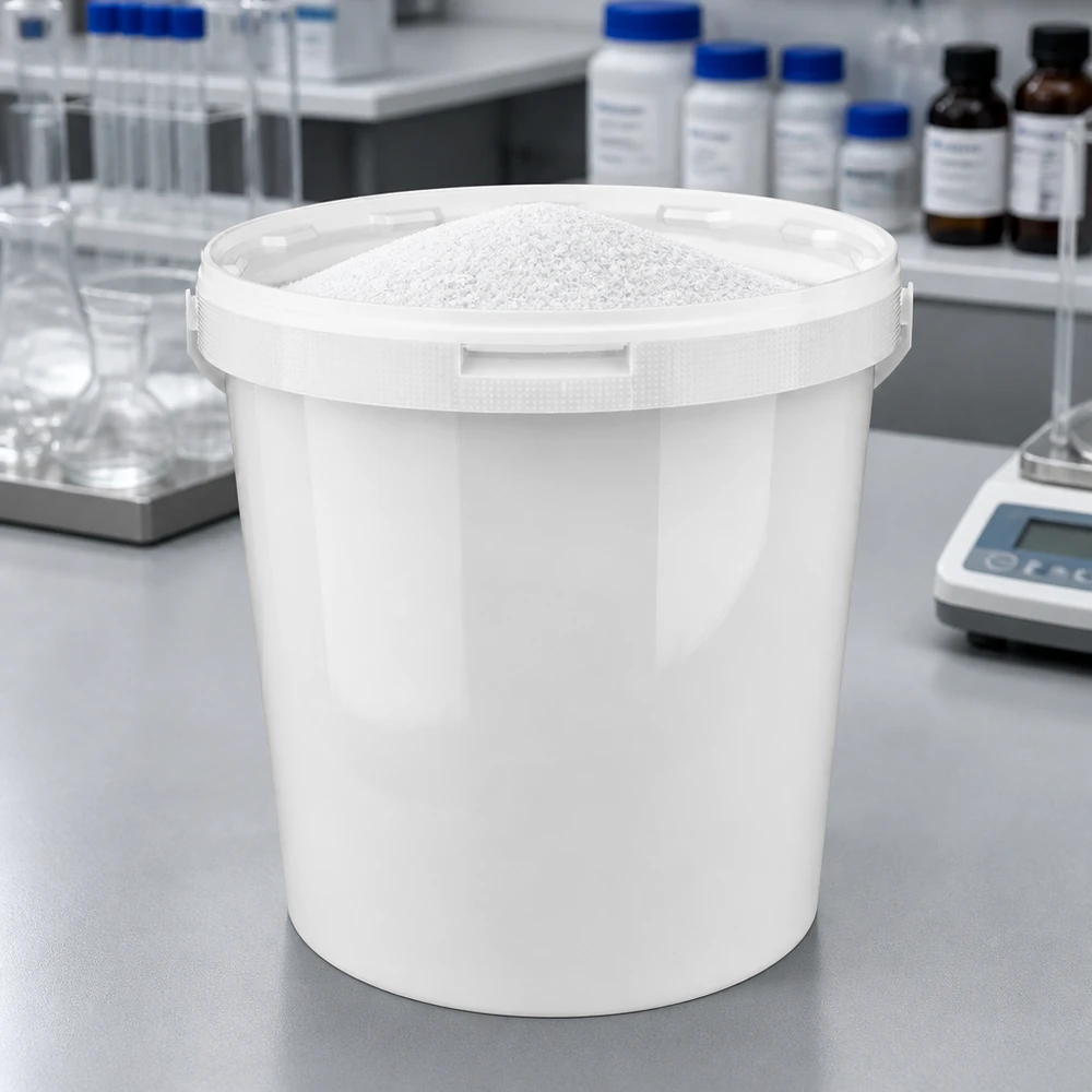 Hink i vit polypropenplast 10,7L med lock Vit PP-plastbehållare på 10,7 liter, avsedd för laboratoriebruk, med lock och vitt pulver på laboratoriebordet