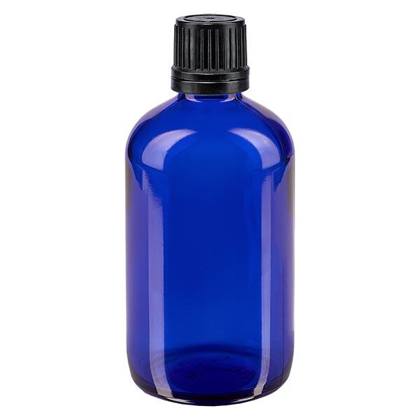 Apoteksflaska blå 100ml skruvkork svart hällring manipulationsskyddad förslutning Apoteksflaska blå 100ml skruvkork svart hällring manipulationsskyddad förslutning
