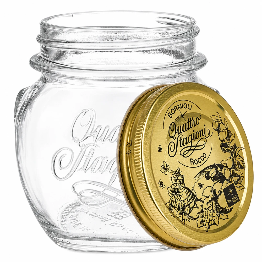 300ml rund burk "Quattro Stagioni" med lock Bormioli Rocco Quattro Stagioni 300ml rund burk med gyllene skruvlock Konserveringsburk