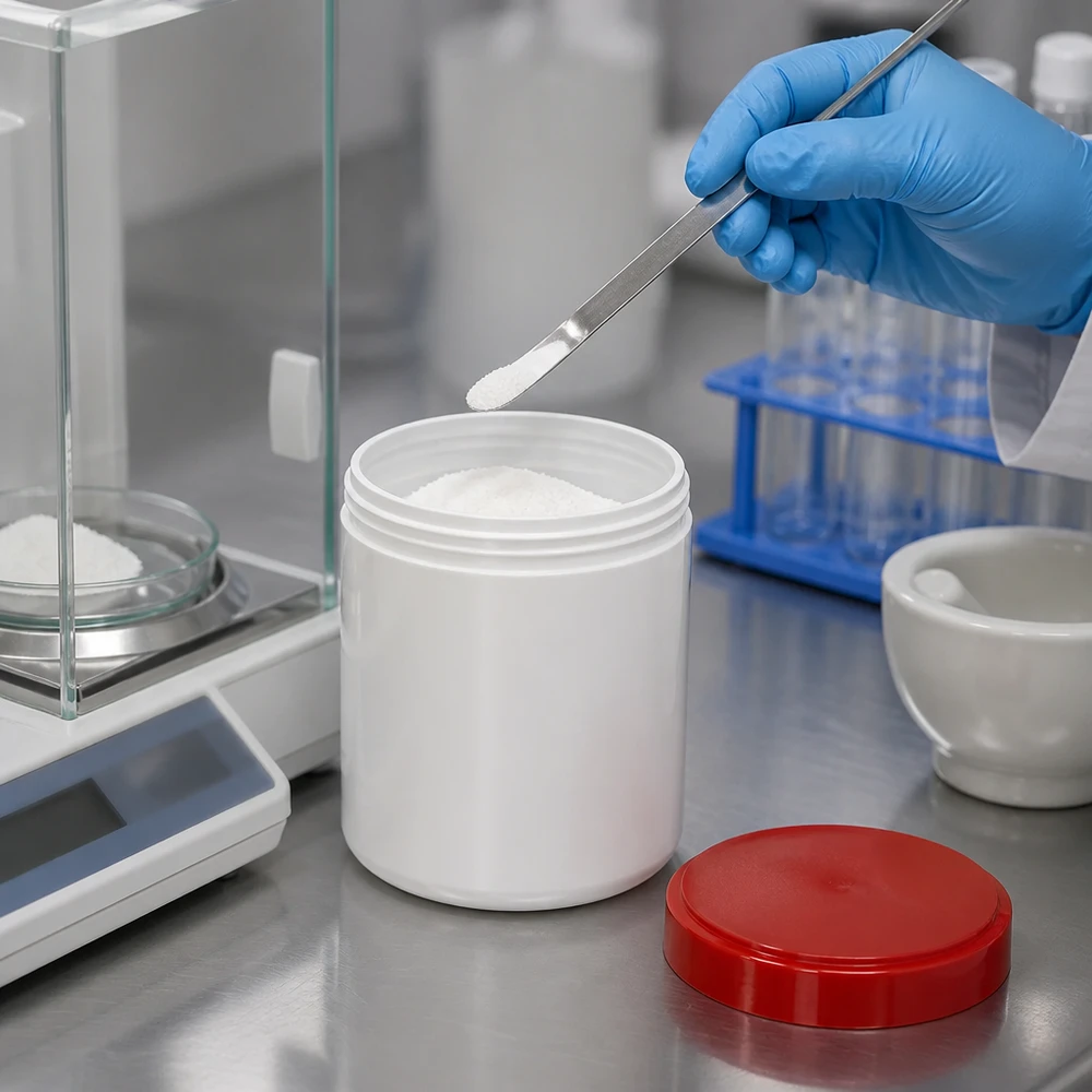 Salvburk 30g vit med rött skruvlock (polypropylen) En liten salvorburk på 30 g med rött skruvlock och en laboratorievåg i bakgrunden