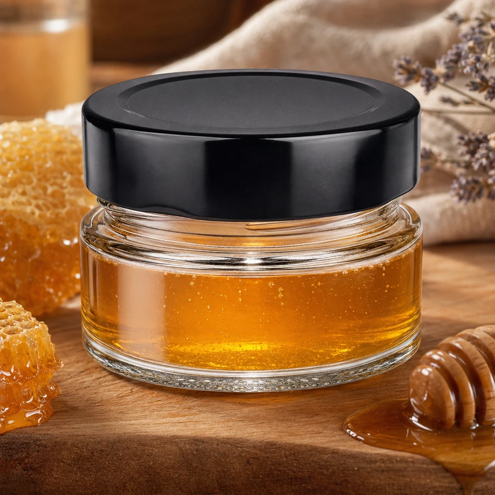 80 ml rund burk med svart BasicSeal-lock fylld med honung Honeycomb träsked naturlig köksscen