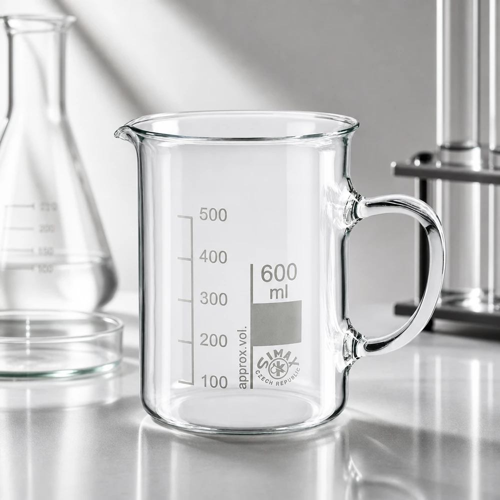 Tomt bägarglas på 600 ml med handtag från SIMAX i Tjeckien på en laboratoriebänkskiva
