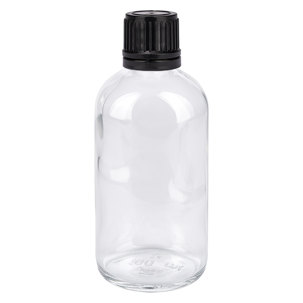 100ml globflaska 8mm hällring svart standardförslutning ClearLine UT18/1 Genomskinlig glasflaska på 100 ml med svart skruvlock för globuler och homeopati