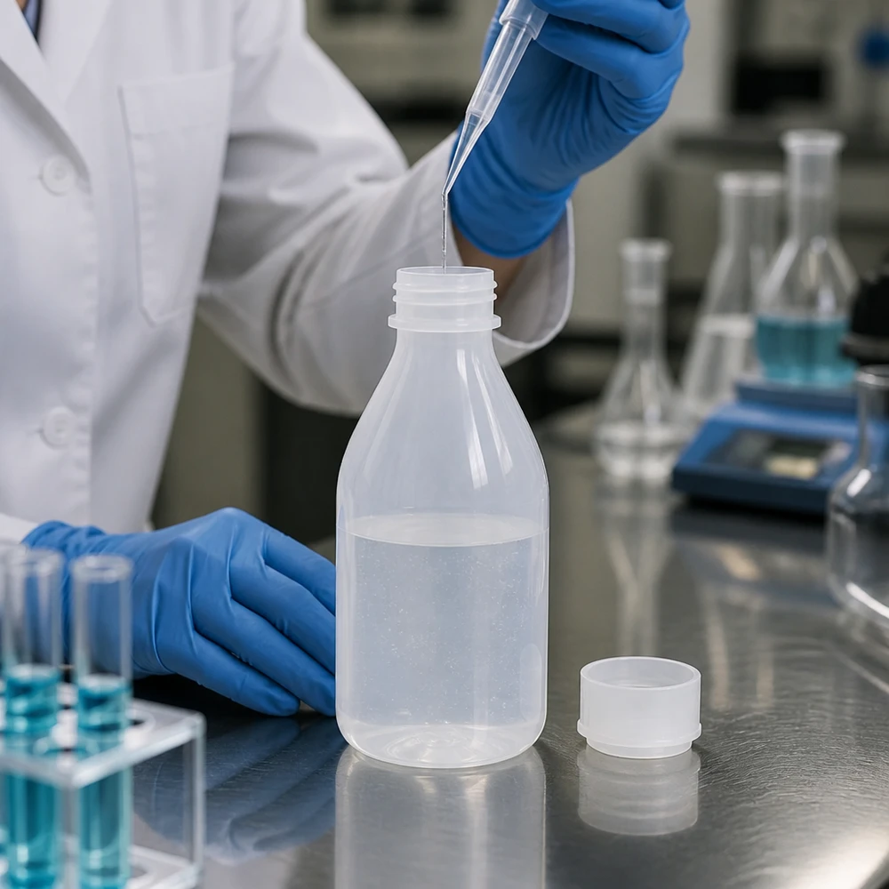 100ml laboratorieflaska med smal hals och skruvkork Laboratorietekniker pipetterar vätska i en 100 ml skruvflaska med smal hals, iklädd blå handskar