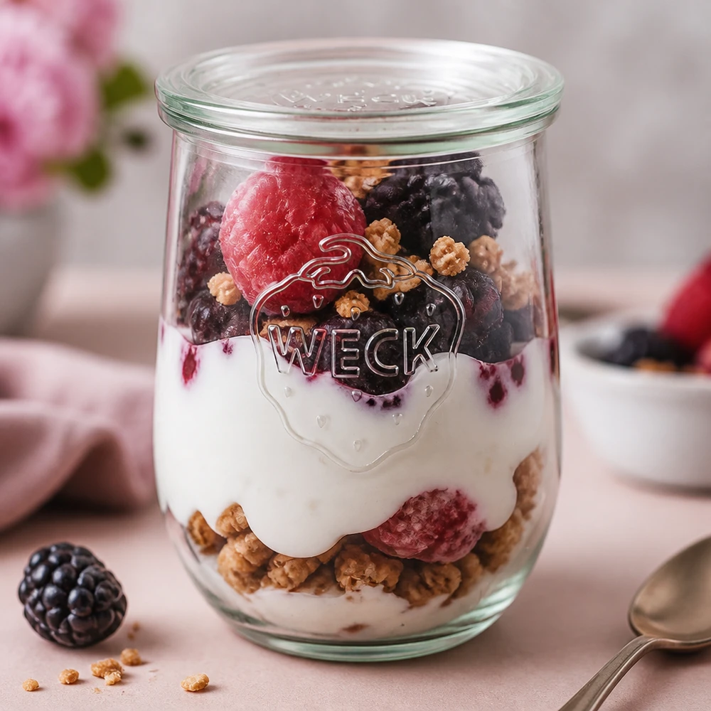 1062ml tulpanburk med glaslock WECK RR100 WECK tulpanburk 1062ml fylld med yoghurt bär müsli skiktad dessert RR100 burklock frukostparfait rosa backgru