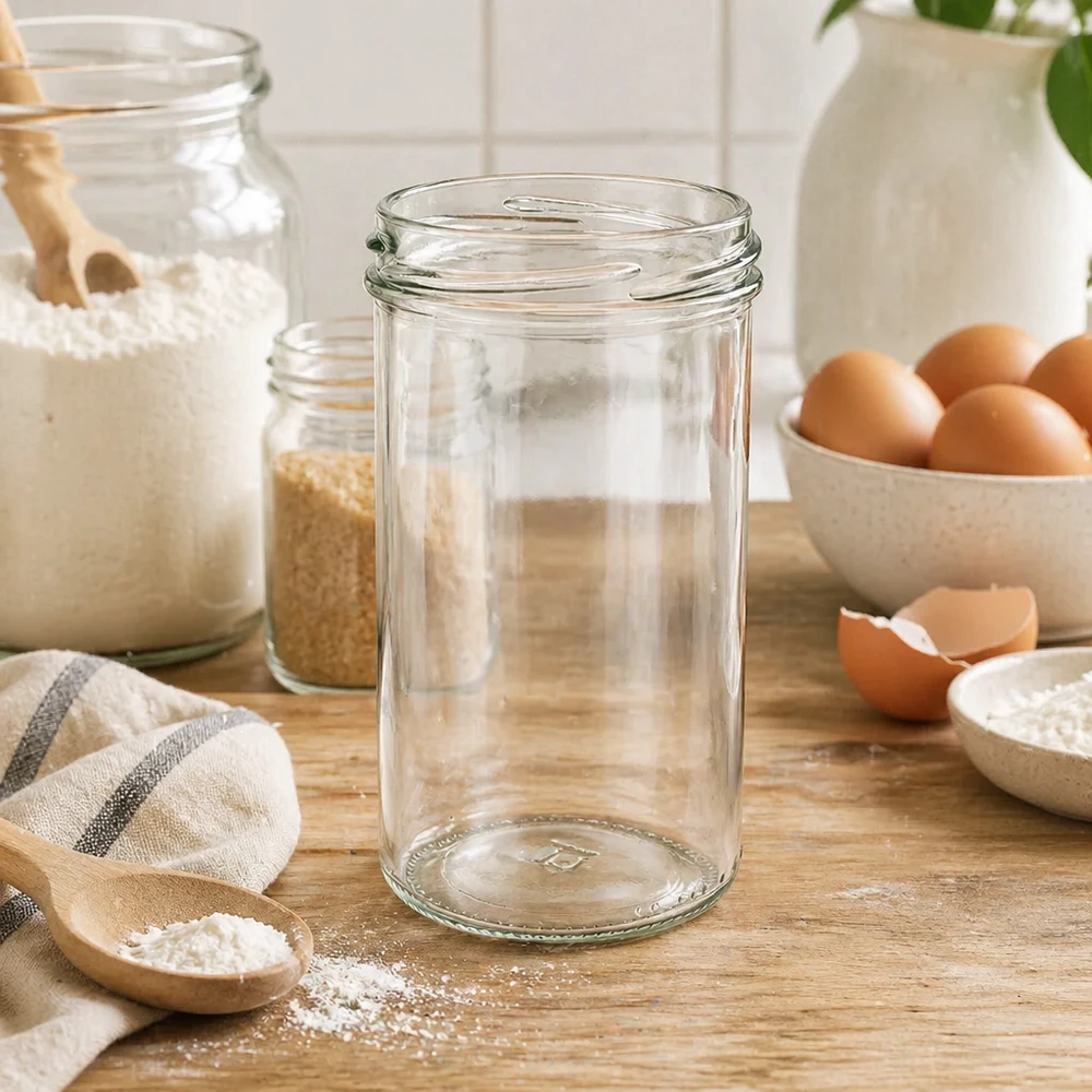 UNiTWIST tumblers 277ml TO66 tomma på träbord med köksredskap ägg och mjöl i rustikt kök