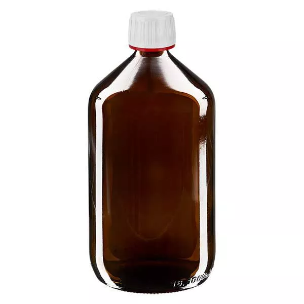 1000 ml medicinflaska brun, lock vit med säkerhetsring röd ApoGlas 1000 ml medicinflaska brun, lock vit med säkerhetsring röd ApoGlas