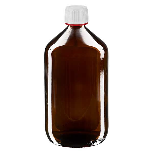 1000 ml medicinflaska brun, lock vit med säkerhetsring röd ApoGlas