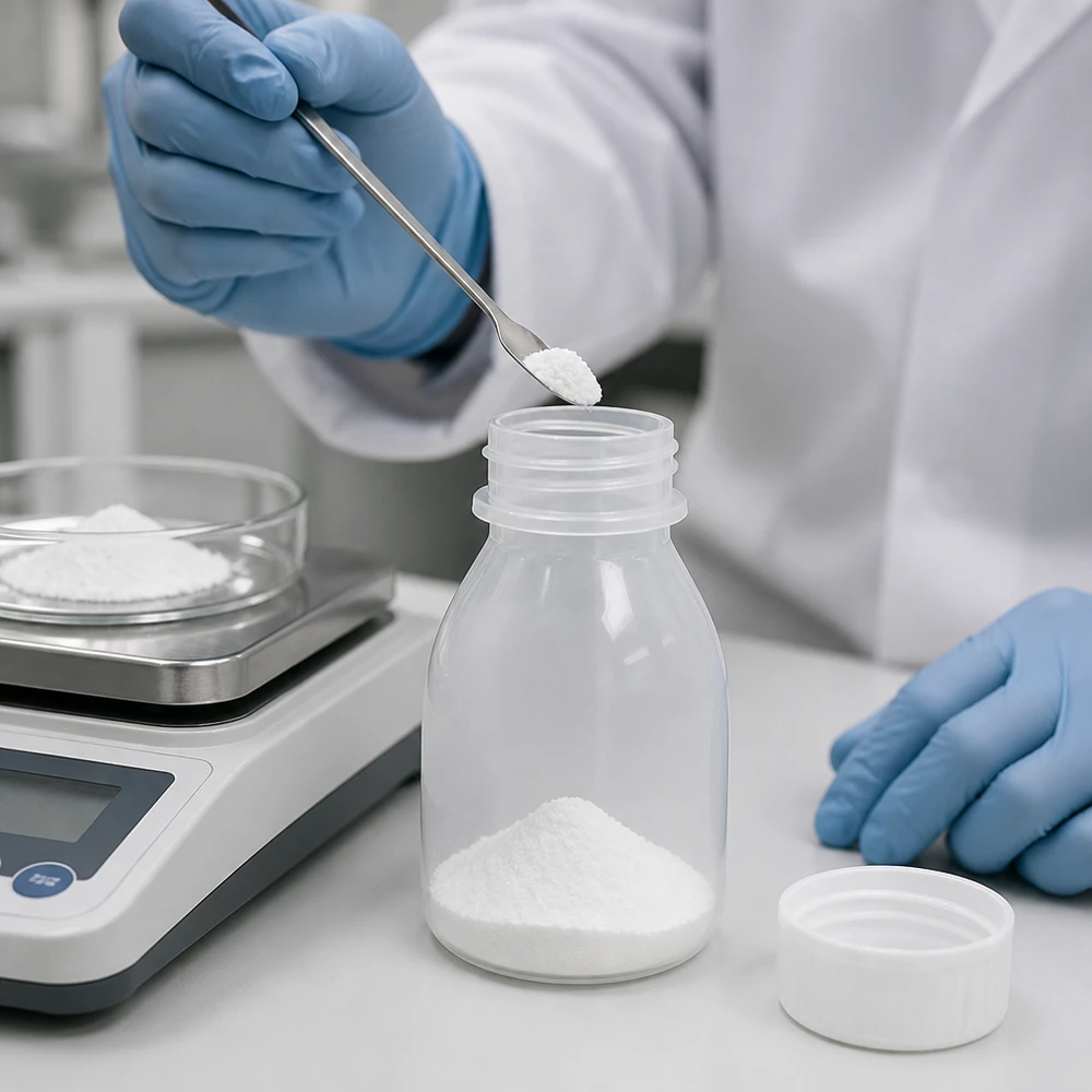 10ml skruvflaska, laboratorieflaska med smal hals Laboratorieteknikern lägger det vita pulvret med en spatel i en 10 ml skruvflaska med smal hals på laboratorievågen